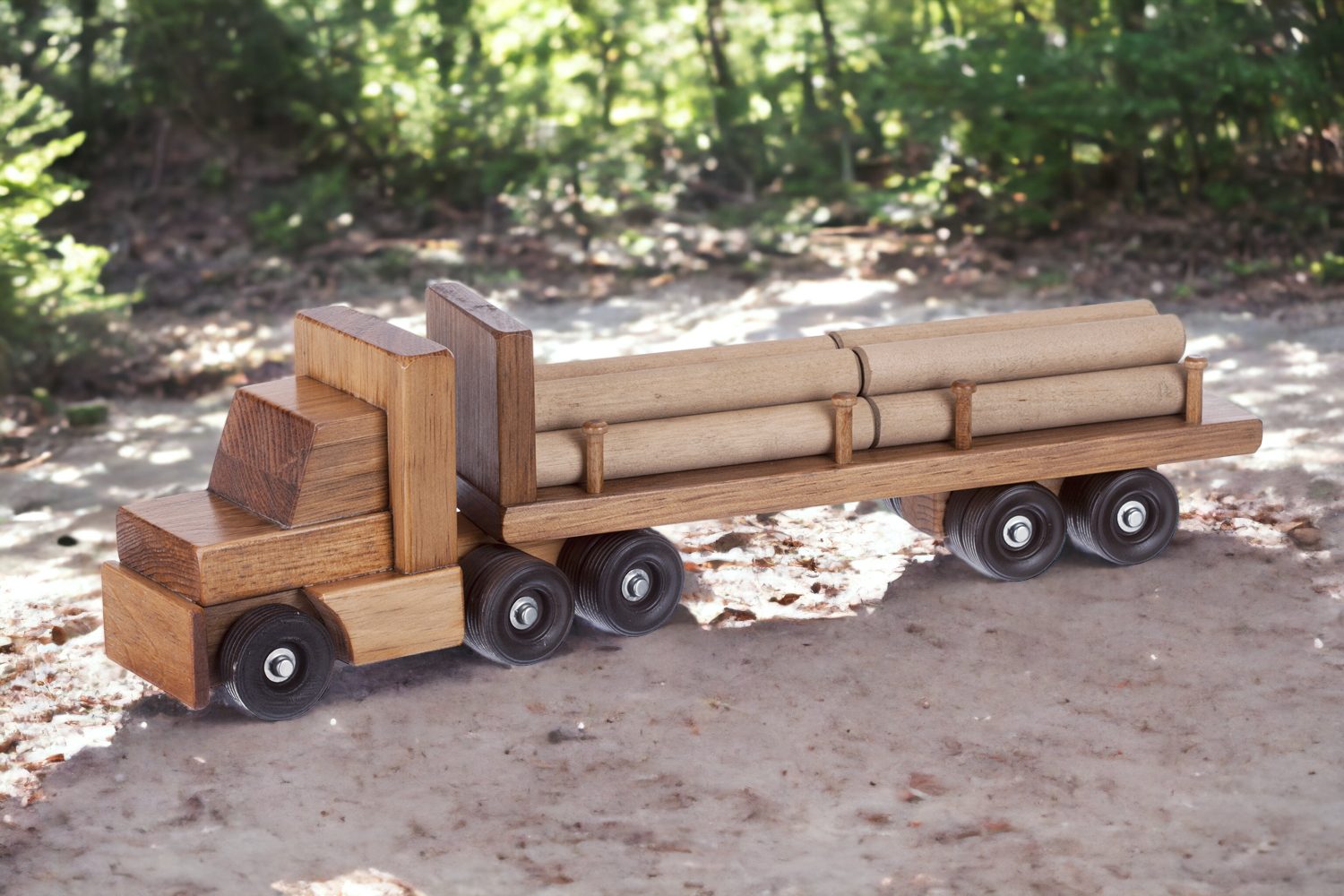 FOUR Wooden Toy TRUCK Set Log Barrel Tanker Dump Truck Wood Tractor Trailer  USA