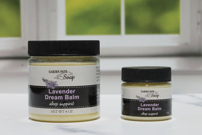 All Natural Lavender Dream Balm is available in both one and four ounce jars on harvestarray.com