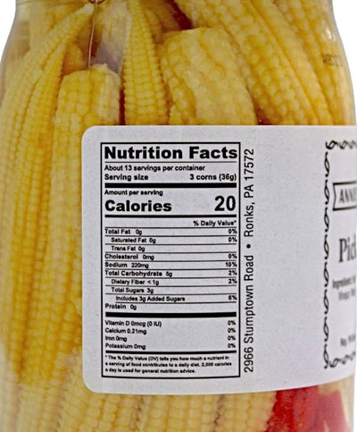 Nutrition Facts of a 16 oz jar of Annies Kitchen Pickled Baby Corn at Harvest Array