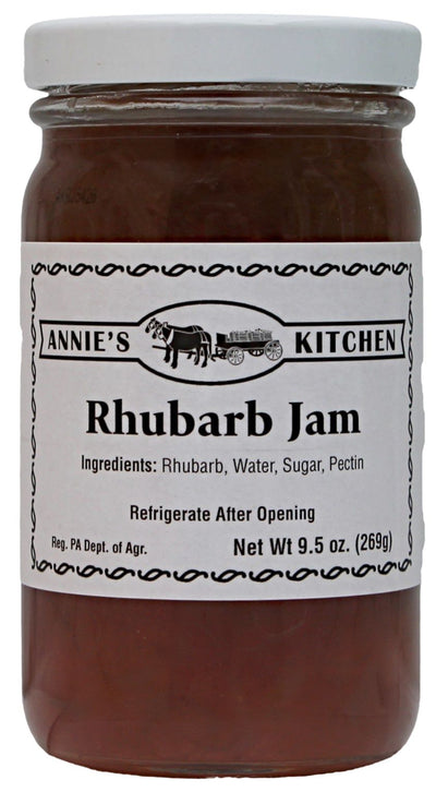 Annie's Amish made Rhubarb Jam comes in 9.5 oz jars and  is shipped safely to your door from Harvest Array.