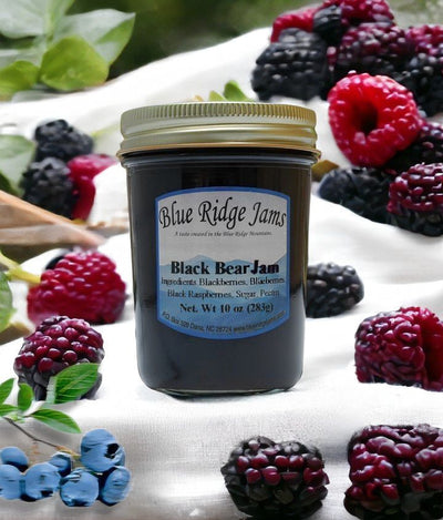 Our Black Bear Jam is a berry lover's delight. Jam packed with fresh blackberries, blueberries, and black raspberries.