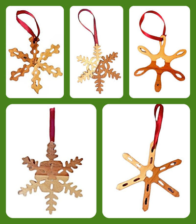 Set of 5 hand carved wooden snowflake ornaments. handcrafted in the US by a team of Army Veterans.