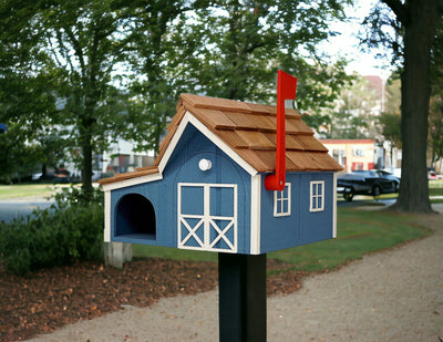 Blue and White Wooden Mailbox with Cedar Roof and Newspaper Holder on a post