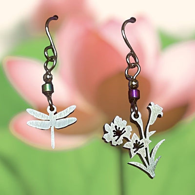 Dragonfly and Flowers Stainless Steel Earrings on Harvest Array