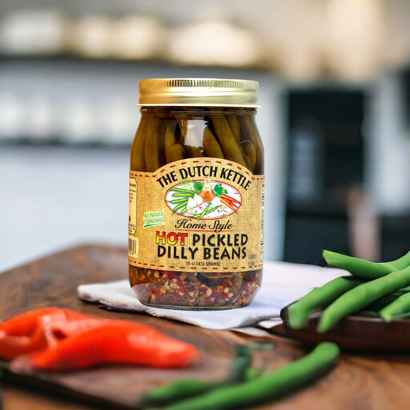 Dutch Kettle Amish Homemade Hot Pickled Dilly Beans. A product of North Carolina