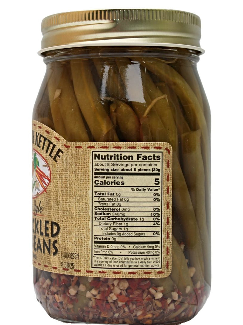 Nutrition label for the Dutch Kettle Amish Homemade Hot Pickled Dilly Beans.
