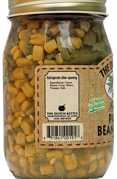 Our Pickled Beans and Corn contains Green Beans, Corn, Water, Vinegar, and Salt. That's it!