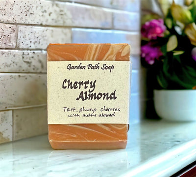 Cherry Almond Herbal Lye Soap by Garden Path Soaps can be purchased online at Harvest Array.