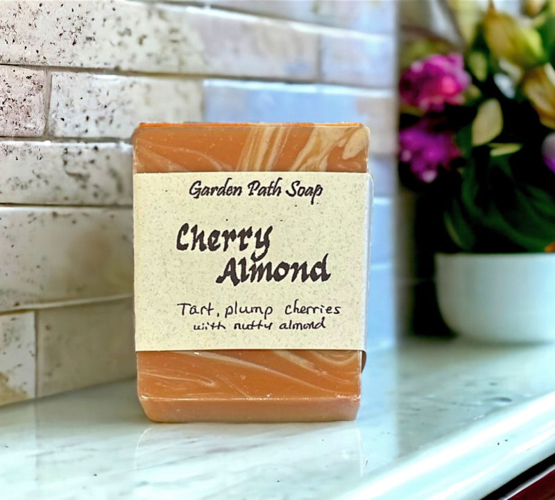 Cherry Almond Herbal Lye Soap by Garden Path Soaps can be purchased online at Harvest Array.