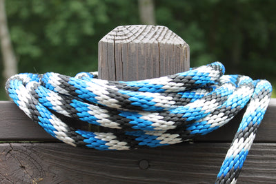Blue, Black & Silver Solid Braided Multifilament Polypropylene Rope on a post