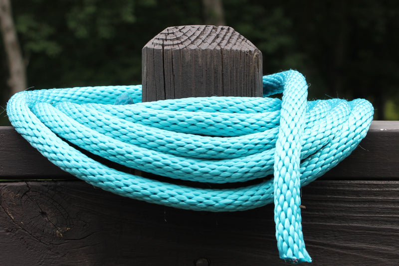 Turquoise Solid Braided Multifilament Polypropylene Rope on a post