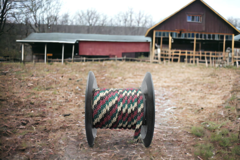 Burgundy, Black, Hunter Green, and Tan Solid Braided Multifilament Polypropylene Rope being used on the Farm