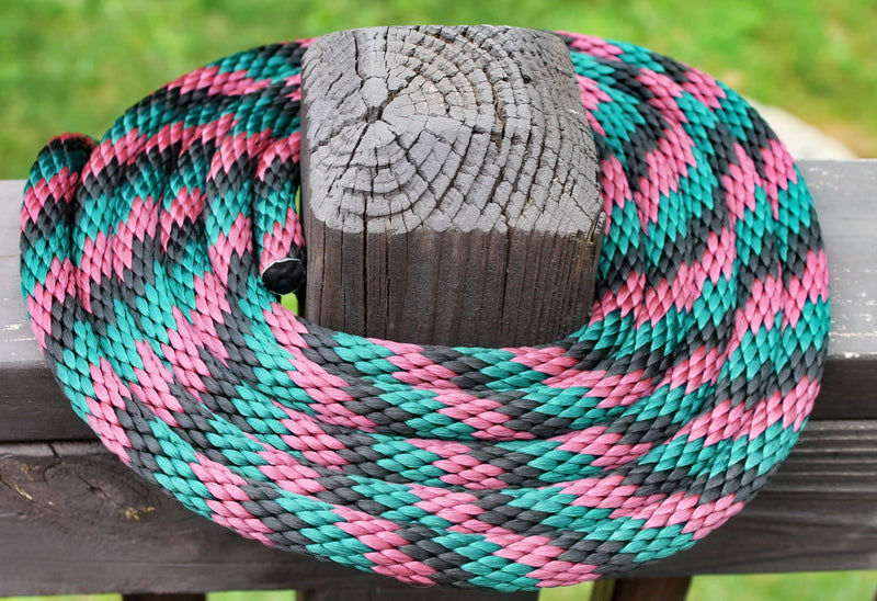 Hunter Green, Burgundy, and Black Solid Braided Multifilament Polypropylene Rope on a post