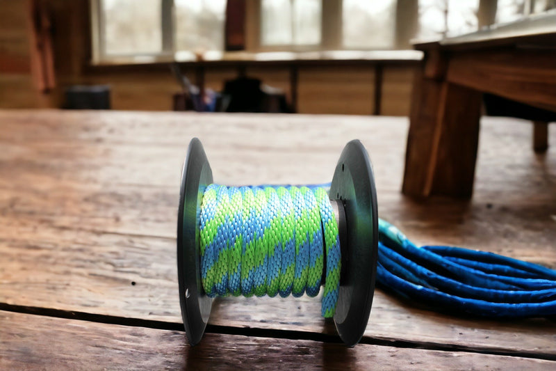 Sky Blue and Lime Solid Braided Multifilament Polypropylene Rope on the farm table