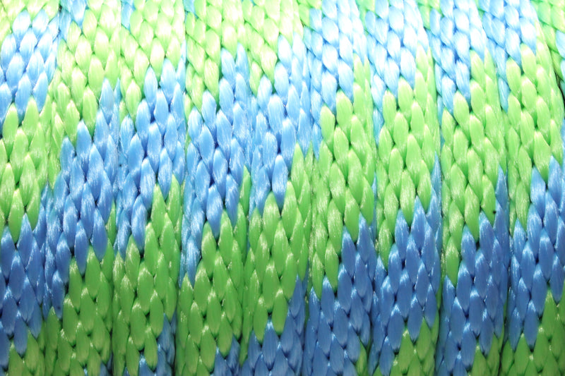 Close up of the Sky Blue and Lime Solid Braided Multifilament Polypropylene Rope