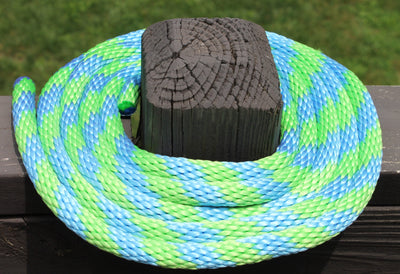 Sky Blue and Lime Solid Braided Multifilament Polypropylene Rope on a post