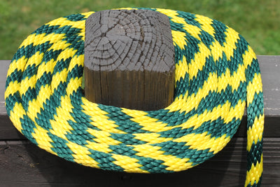 Hunter Green and Yellow Solid Braided Multifilament Polypropylene Rope on a post