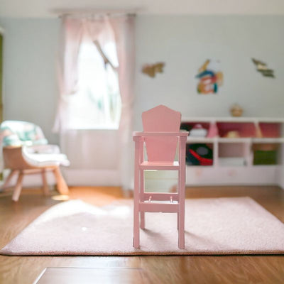 Amish Made Pink Wooden Doll Size Highchair in a child's playroom.