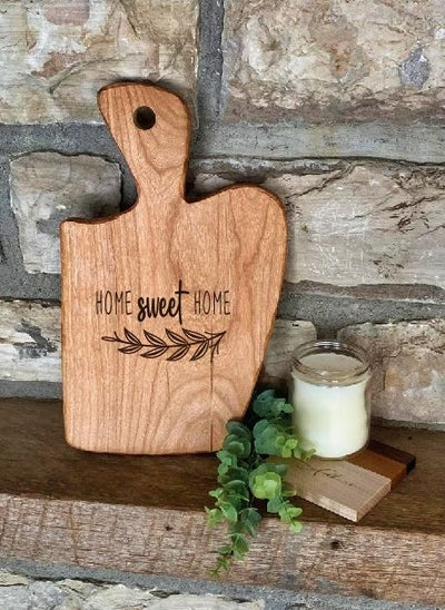 Unique shaped "Offset" Engraved Wooden Serving Tray Cutting Board with "Home sweet Home" engraved on it