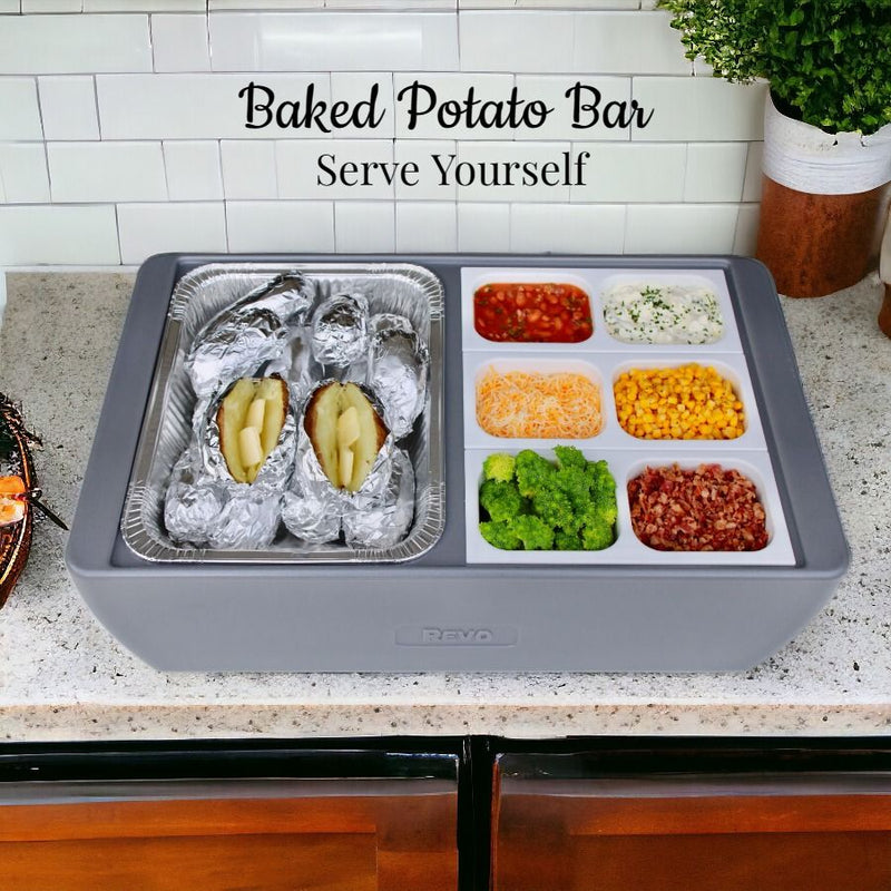 Make a fun potato bar for your family game night with our REVO Dubler Heat Flameless Chafer on one side and cold condiment trays on the other. 
