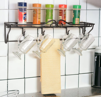 Enhance your kitchen decor with a versatile wall shelf decor featuring 4 hooks and a towel bar.