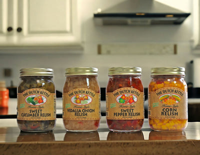 Four Types of Relish made by the Dutch Kettle - Sweet Cucumber, Vidalia Onion, Sweet Pepper, and Corn Relish. Purchase online at Harvest Array.