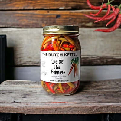 'Lil Ol' Hot Peppers are grown and made by the Amish community of Hamptonville, NC and The Dutch Kettle for Harvest Array.