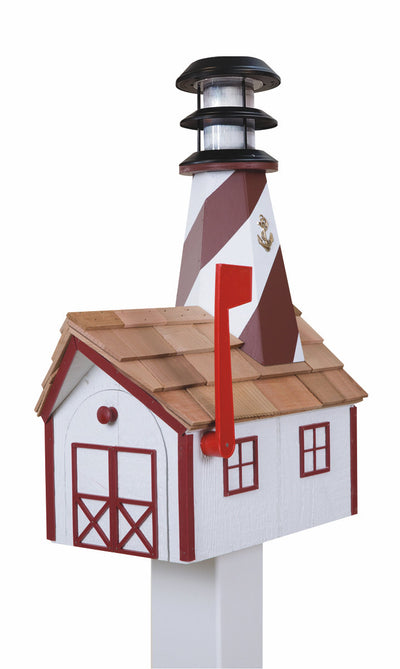White and Red Wooden Lighthouse Mailbox with Cedar Roof
