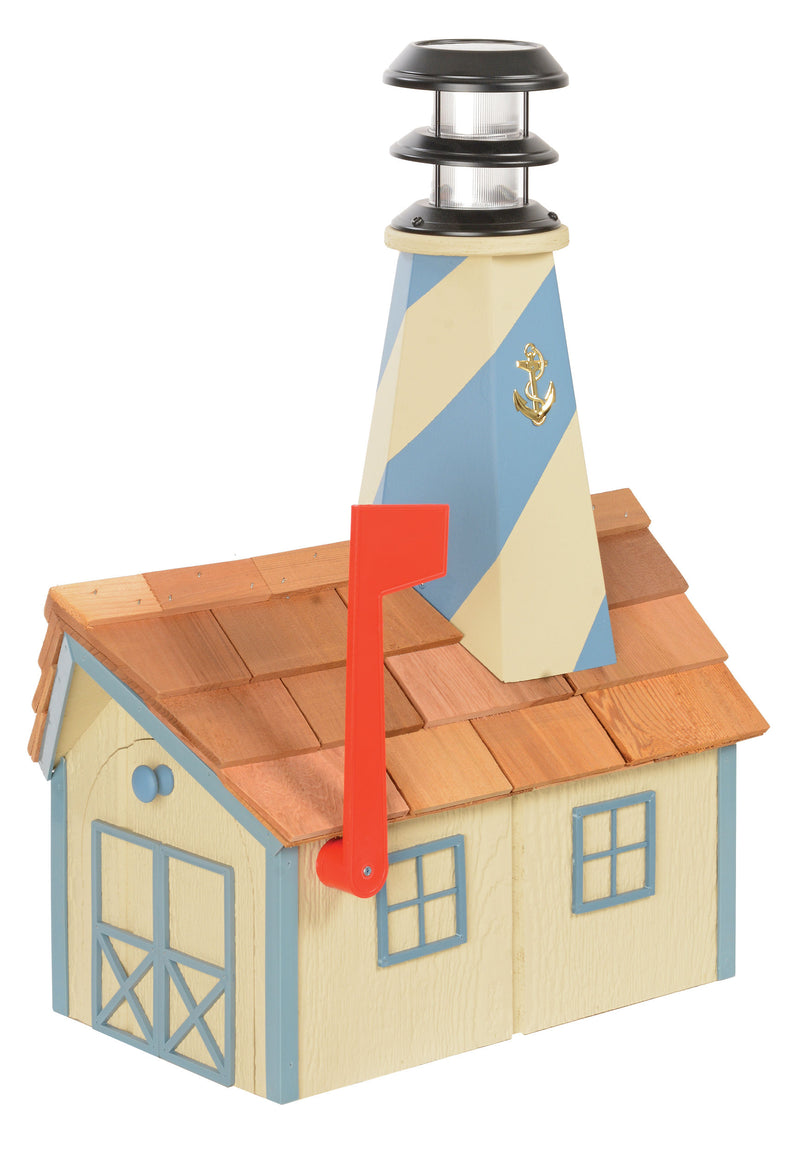Beige and Country Blue  Wooden Lighthouse Mailbox with Cedar Roof