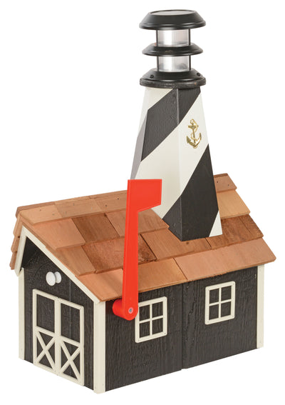 Black and White Wooden Lighthouse Mailbox with Cedar Roof