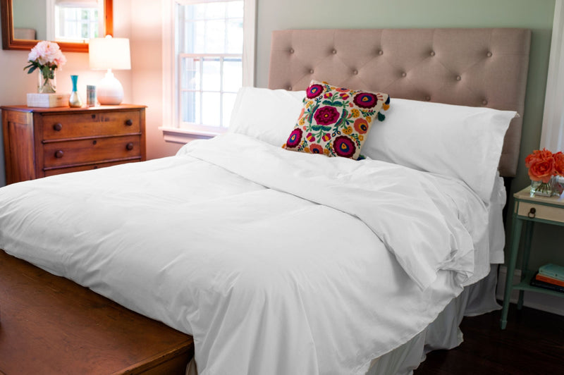 White organic cotton duvet cover set and pillow shams on a freshly made bed in any bedroom will look gorgeous.
