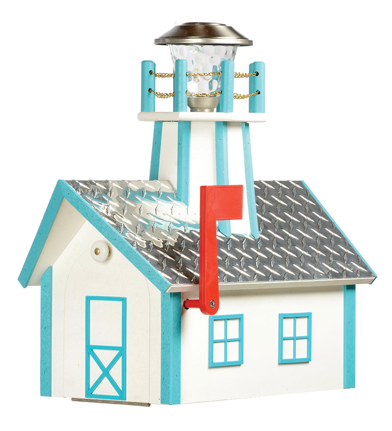 White and Aruba Blue Deluxe Poly Mailboxes with Lighthouse and a Diamond Plate Roof