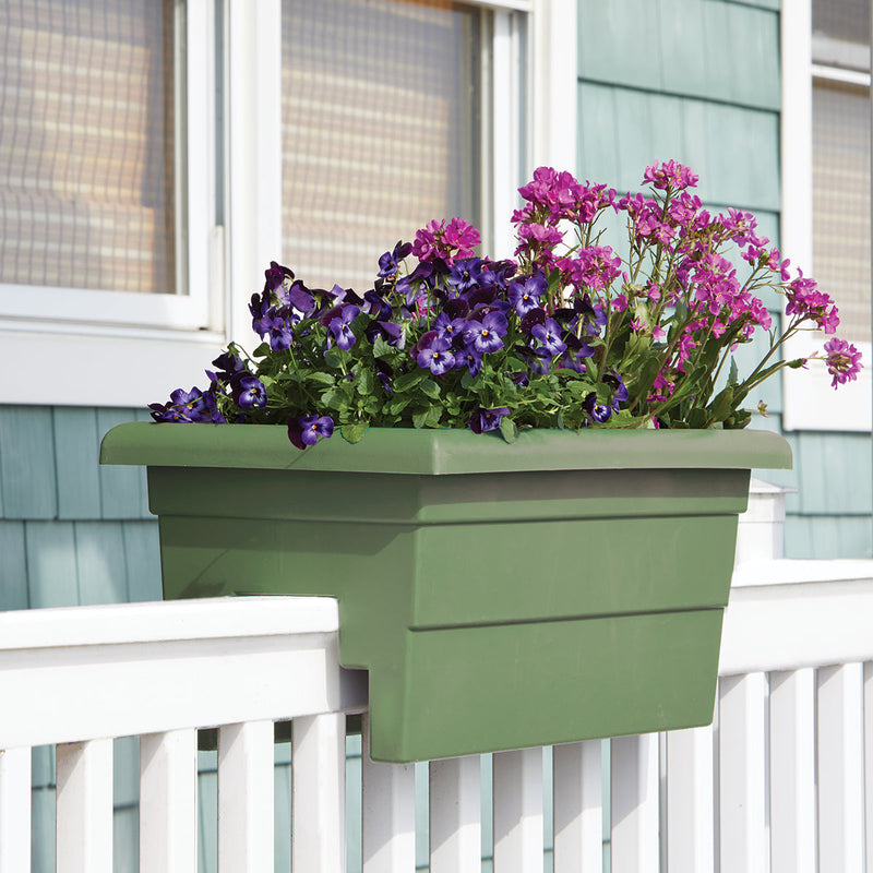 Sage (green) 24 Inch Over the Rail Planters with Spring Flowers From Harvest Array