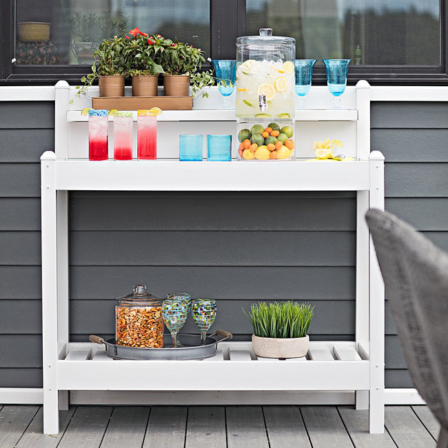 White Potting Bench with 3 Shelves on the deck