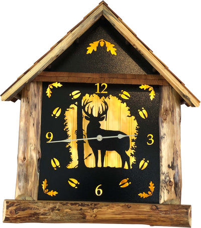 Rustic Log Cabin Wooden Clock with a Metal Deer Themed Face