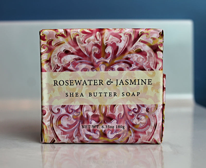 6.35 ounce Rosewater & Jasmine shea butter soap.