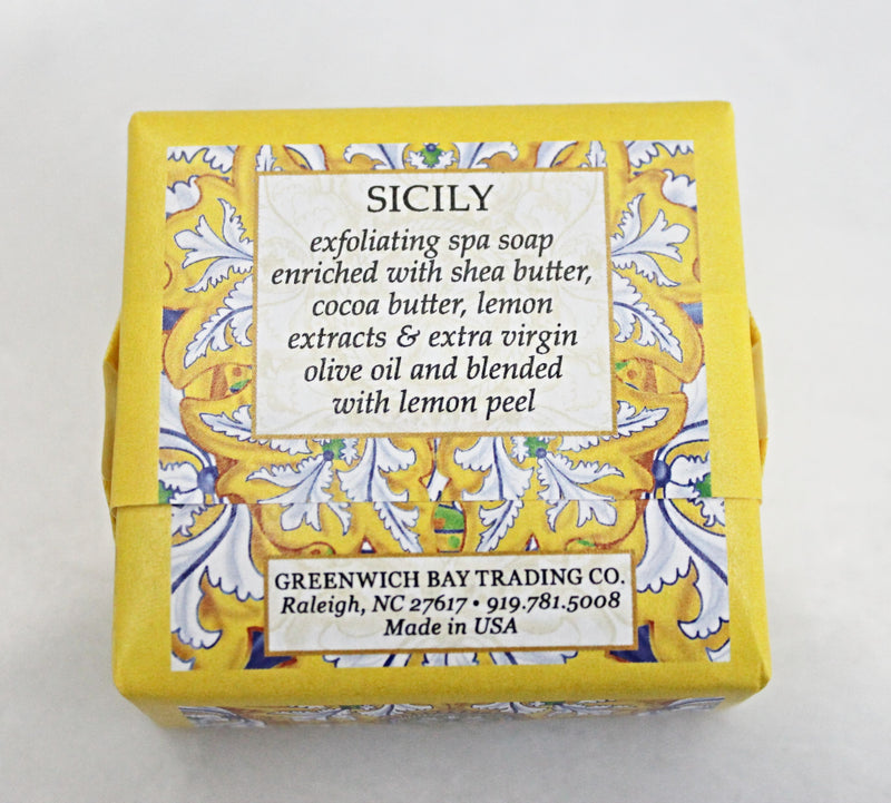 Ingredients in Sicily Exfoliating Mini Spa Soap in a 1.9 ounce square bar.