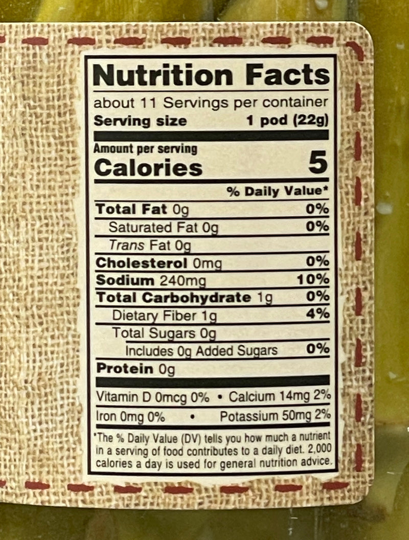 Amish made Mild Pickled Okra Nutritional Facts.  Made In the America.  Harvest Array