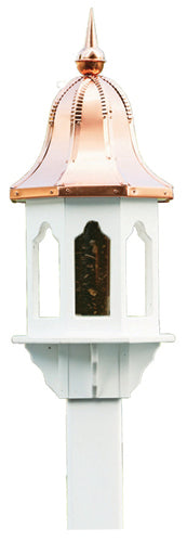 Decorative, outdoor birdhouses with copper roofs. Mount onto a 4x4 post. Handcrafted in the USA by Beaver Dam Woodworks.