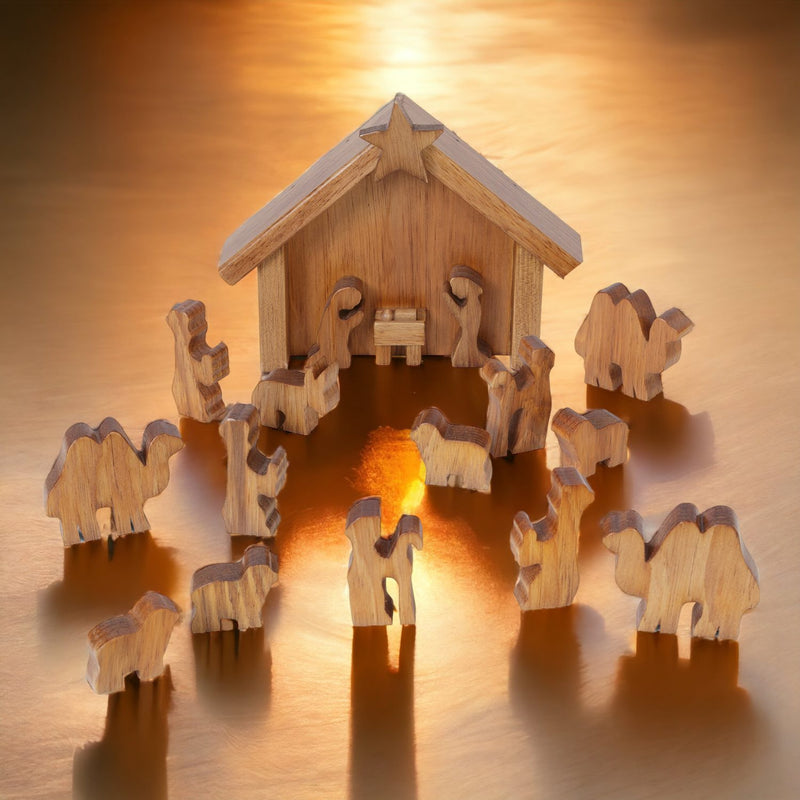 Harvest Stained Amish Made Wooden Nativity Scene