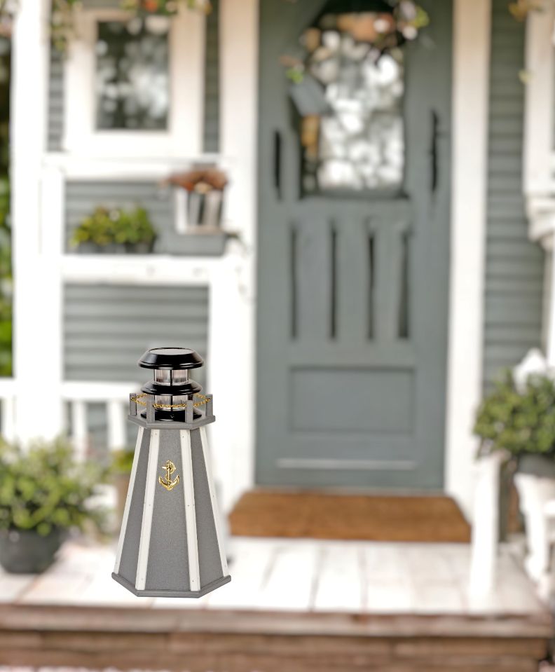 Show your love of Lighthouses with this miniature, 18 inch, Poly Lighthouse with an included Solar Light. Adorn your deck, yard, or front porch. 