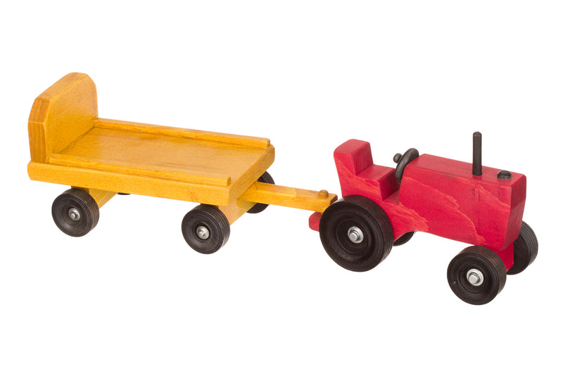Red and Yellow Wooden Toy Tractor with Wagon