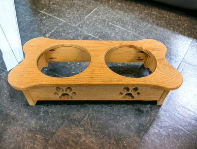 Double Wooden Dog Feeders (Low) - Two Quarts. Cute Paw cut out design on front.