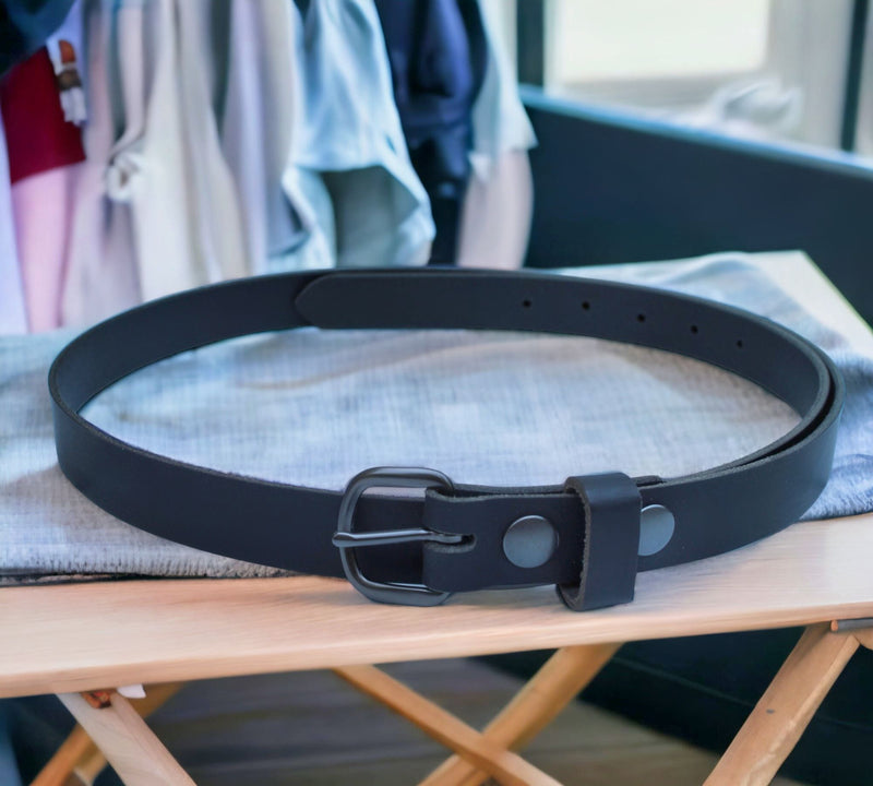 Matte Black Handmade Solid Leather Belt - 1 Inch Width, Sizes 60-64 available at Harvest Array.