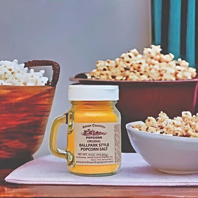 Amish Country Ballpark Style Popcorn Salt in a fun 4 oz Jar at Harvest Array.