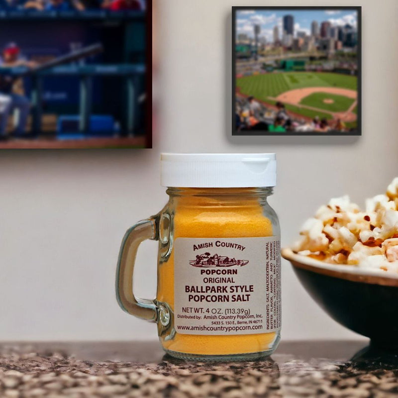 Feel like you are at the game with our Amish Country Ballpark Style Popcorn Salt in a fun 4 oz Jar at Harvest Array.