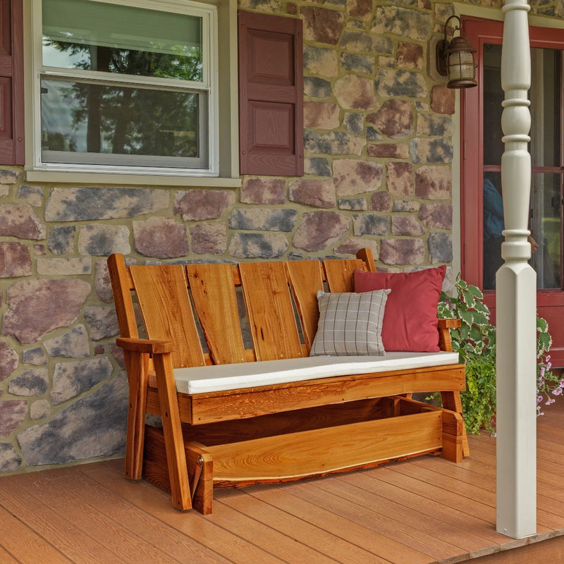 Cushions and pillows are sold separately when you order an indoor/outdoor Amish Made 5 foot wide Timberland Glider Bench with Live Edge from Harvest Array.