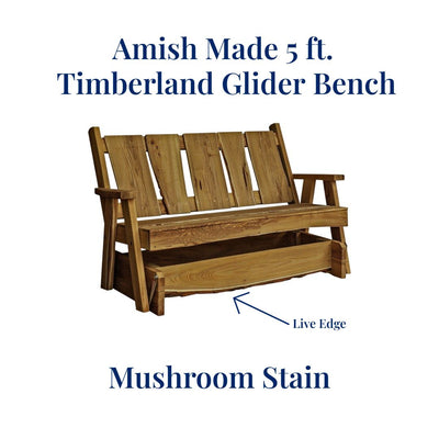 Amish Made 5 foot wide Timberland Glider Bench with Live Edge shown with mushroom stain. Free shipping when you order online at Harvest Array.