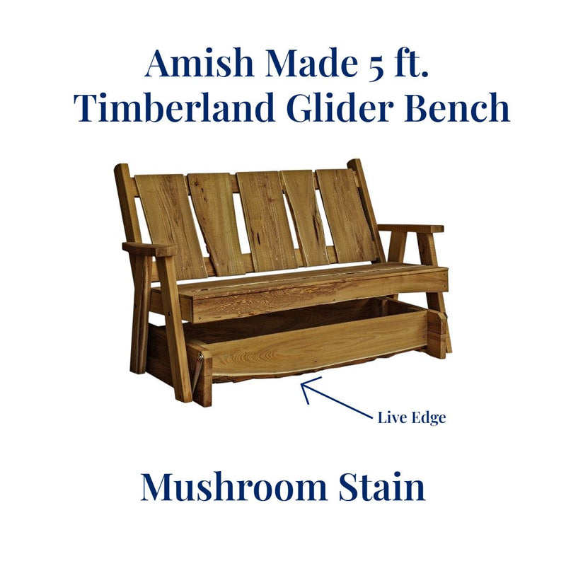 Amish Made 5 foot wide Timberland Glider Bench with Live Edge shown with mushroom stain. Free shipping when you order online at Harvest Array.