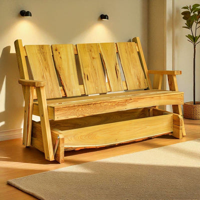 Natural, indoor, stained Amish Made 5 foot wide Timberland Glider Bench. Free shipping when you order online at harvestarray.com.